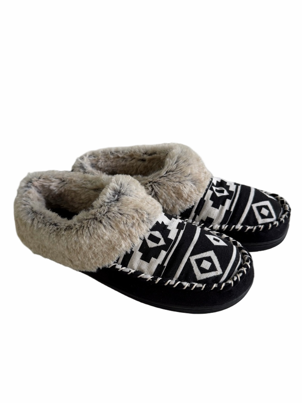 Dearfoams Plush Faux Fur Lined Black White Aztec Print Slipper Shoes Large 9-10